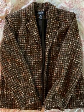 Jones New York Brown Wool Blend Tweed Blazer with Cream and Rust Flecks